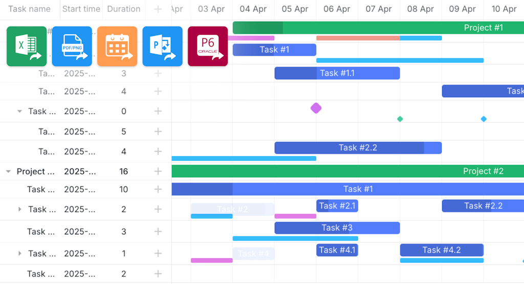 Gantt chart maker exporting project plans to PDF Excel and MS Project formats